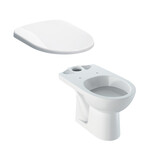 Stojąca miska WC Selnova do spłuczki nasadzanej, lejowa, B36 cm, H39 cm, T67 cm, odpływ poziomy Deska sedesowa WC wolnoopadająca Selnova mocowanie od góry, zawiasy metalowe, z wypinanymi zawiasami, zachodząca pokrywa biała